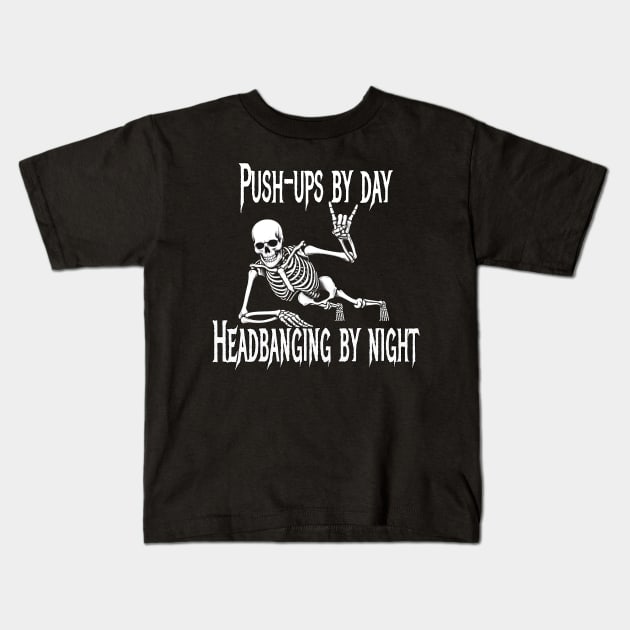 Metalhead Skeleton Doing Push-Ups Kids T-Shirt by MetalByte